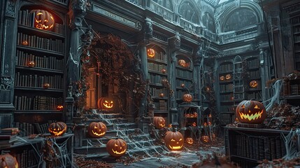 Gloomy Victorian library with cobweb-covered books and intricate jack-o'-lanterns casting flickering shadows on velvet curtains