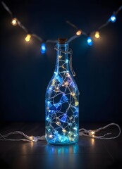 Colorful glass bottle filled with string lights, creating a vibrant and whimsical visual effect against a dark background