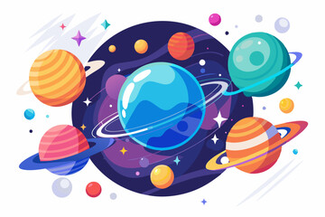 Colorful Planets with Rings and Stars in Space