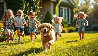 Obraz premium children are chasing the Happy golden retriever running in the garden of the house 