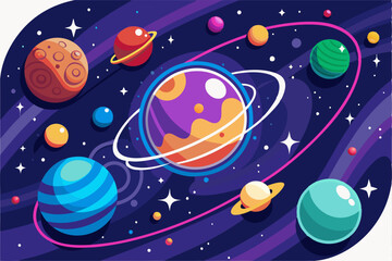 Colorful Planets and Stars in a Galaxy