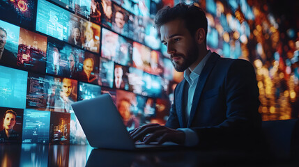 Man in a suit working on a laptop, surrounded by a wall of digital screens displaying data and images, symbolizing information overload, technology, and media consumption.