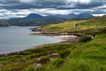 Rural Landscape With View Over Gruinard Bay And Beach At The Coast Of The Highlands In Scotland, UK