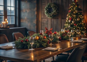 Conference Room Table Set with Festive Christmas Decorations