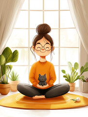 Illustration of a young woman in a meditating position with a cat on her lap.
