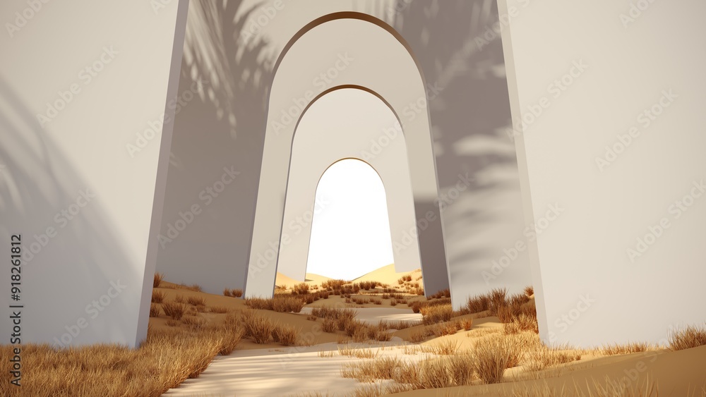 Poster 3d render of surreal landscape with round podium in grass and sand. podium, display on the backgroun