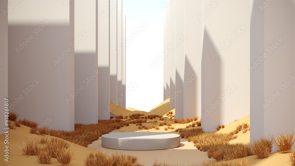 Poster 3d render of surreal landscape with round podium in grass and sand. podium, display on the backgroun