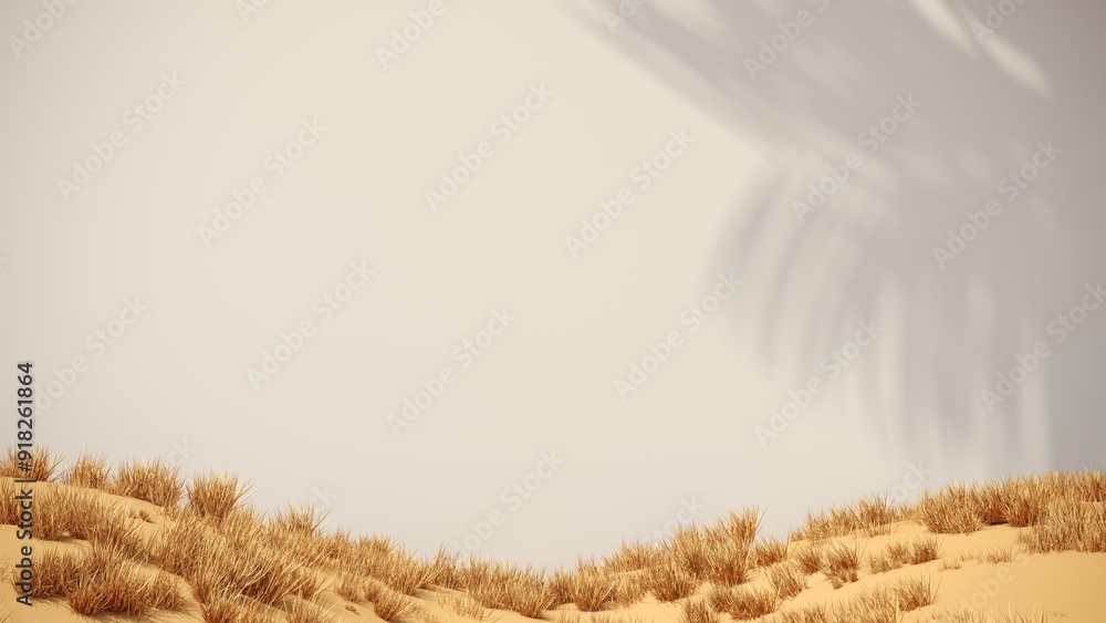 Poster 3d render of surreal landscape with round podium in grass and sand. podium, display on the backgroun