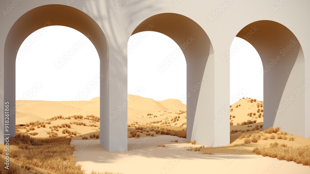 Poster 3d render of surreal landscape with round podium in grass and sand. podium, display on the backgroun