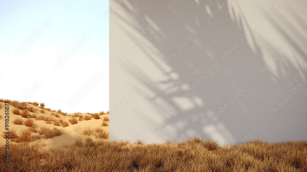 Poster 3d render of surreal landscape with round podium in grass and sand. podium, display on the backgroun