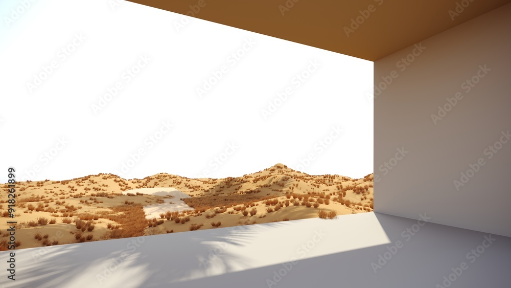 Poster 3d render of surreal landscape with round podium in grass and sand. podium, display on the backgroun