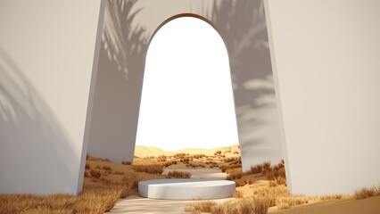 3d render of surreal landscape with round podium in grass and sand. Podium, display on the background of architectural structures and arches. Fantasy world, futuristic fantasy image.