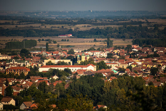 A panoramic view of Negotin, Serbia, showcasing a vibrant cityscape with a mix of traditional and modern architecture. The densely packed red-roofed houses and prominent buildings are nestled amidst l