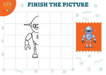 Copy picture vector illustration. Complete and coloring game for preschool and school kids. Cute funny robot for drawing and education activity