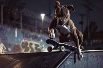 bulldog sitting on skateboard in street place Generative AI
