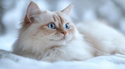 The fluffy cat with striking blue eyes lies comfortably in the snow, enjoying the serene winter setting.