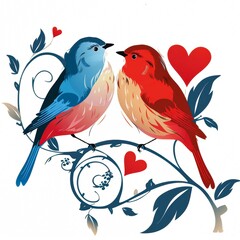 Obraz premium An illustration of two birds, one blue and one red, perched on a floral branch with red hearts, perfect for romance-themed designs, greeting cards, and Valentine's Day materials,