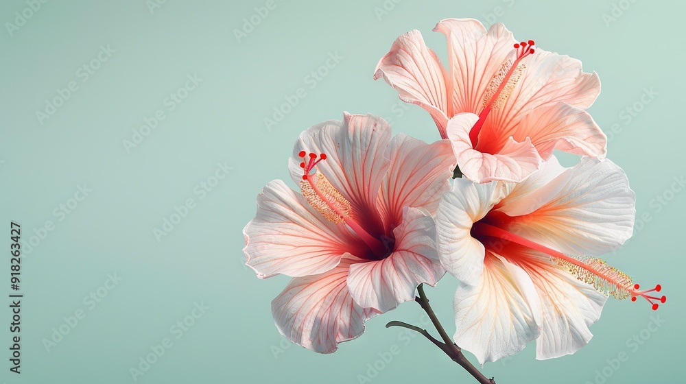 Wall mural two pink and white flowers on green background, blue sky in background