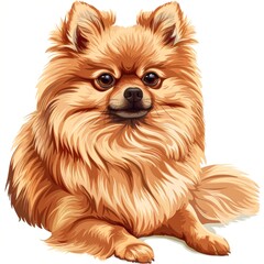 Obraz premium A cute Pomeranian with a fluffy golden coat sits contently, exuding warmth and charm, Ideal for pet-related content, marketing materials, and greeting cards,