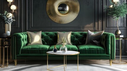 Chic modern living room: green velvet sofa, gold accents, stylish decor, blank area for text.