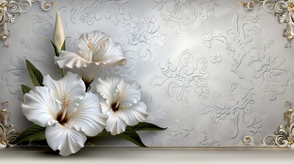   A cluster of pure blooms atop a table, adjacent to silver and gold wallpapers adorned with ornate filigree