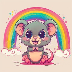 Naklejka premium Adorable cartoon mouse sitting happily in front of a vibrant rainbow and fluffy clouds, perfect for children's products, birthday invitations, or nursery decor,