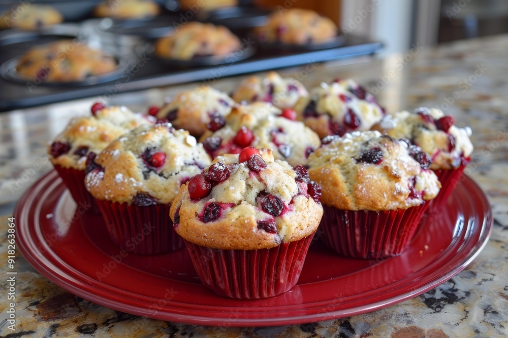 Sticker Homemade cranberry muffins with a sugar topping on a red plate, ready to enjoy