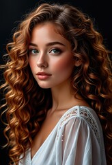 Fototapeta premium a close-up portrait of a young beautiful girl with curly red hair.