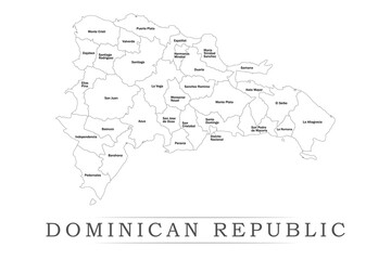 Administrative regions of Dominican Republic. Province, state, division name with white map with black outline. Vector illustration