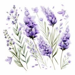 Obraz premium Delicate watercolor flowers and leaves in shades of purple and green.