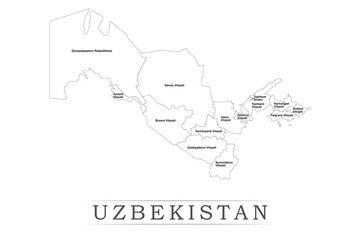 Administrative regions of Uzbekistan. Province, state, division name with white map with black outline. Vector illustration