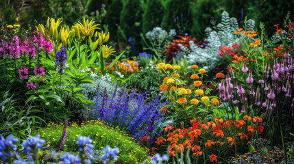 A beautiful, colorful flower garden in full bloom with a variety of flowers and greenery