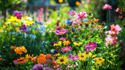 A beautiful, colorful flower garden in full bloom with a variety of flowers and greenery