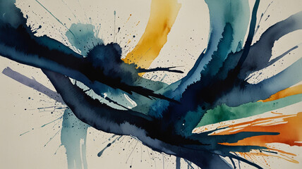 Watercolor Painting: A minimalist abstract painting features a single bold brushstroke, exuding a sense of movement and energy. The unadorned canvas celebrates the raw power of artistic expression