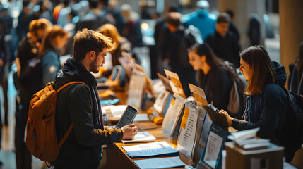 People at a busy registration desk, engaging with event information, checking in, and filling out forms, representing networking, education, and event participation in a vibrant setting.