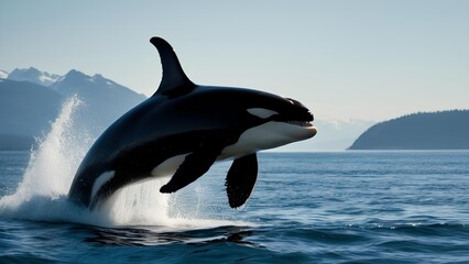 Obraz premium Close up of an orca leaping out of the water