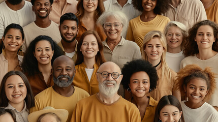 Diverse group of smiling people of all ages and ethnicities, community togetherness