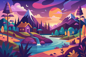 A Cabin nestled in a vibrant mountain valley with a cascading waterfall