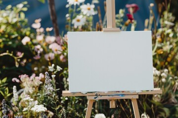 Blank White Canvas on Easel Amidst Vibrant Wildflowers in Outdoor Garden Setting for Creative Inspiration