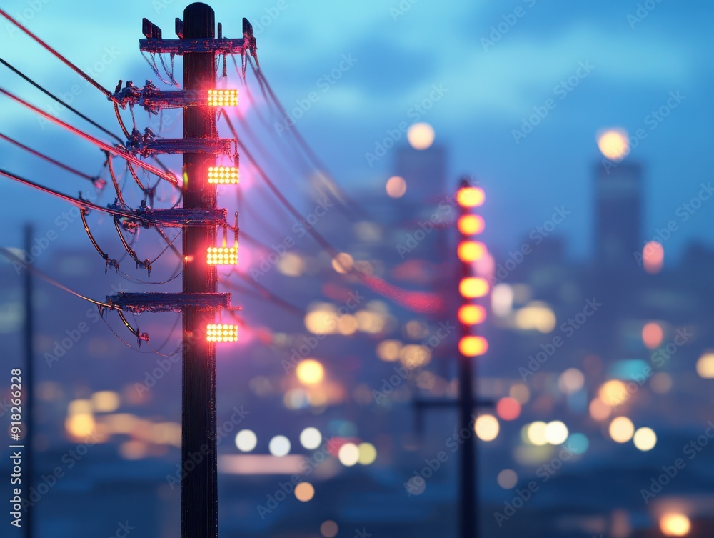Poster high-detail 3d model of telephone poles with cables transmitting data, visualized as glowing pulses,
