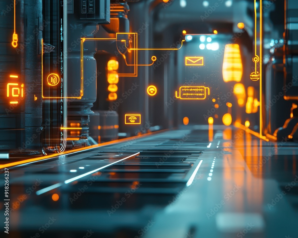 Poster futuristic 3d visualization of telephone lines with cables carrying data packets, depicted as floati