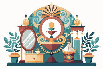 Ornate Interior Design with Mirror, Plants, and Decorative Objects