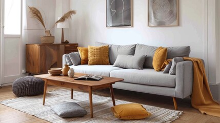 Chic boho living room with gray sofa, wooden coffee table, sideboard, and elegant accessories: honey yellow pillow and blanket. Cozy apartment decor