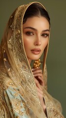 Elegant Woman in Gold Embroidered Headscarf with Brown Eyes Portrait