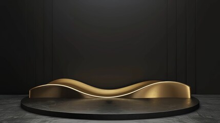 3D gold podium with a black backdrop and wave-like stage, perfect for showcasing products.