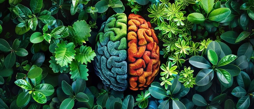 Colorful brain model surrounded by vibrant green foliage, symbolizing the connection between nature and human intelligence.