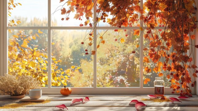 Fototapeta Autumn window scene and empty table for decor