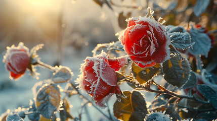 Frozen red roses in winter in the morning