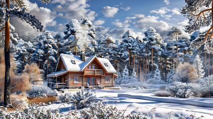 beautiful wooden house covered in snow in winter with smoke billowing from the chimney background