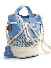 A stylish blue and white bag with rope handles, suitable for casual outings or beach trips.